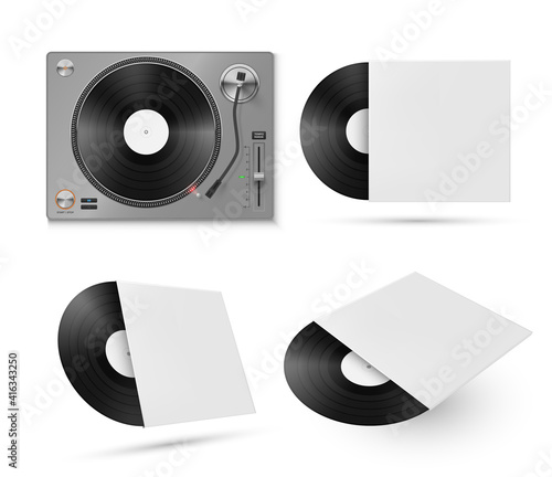 Record player, turntable realistic set. Vinyl discs in empty paper packaging mockups.