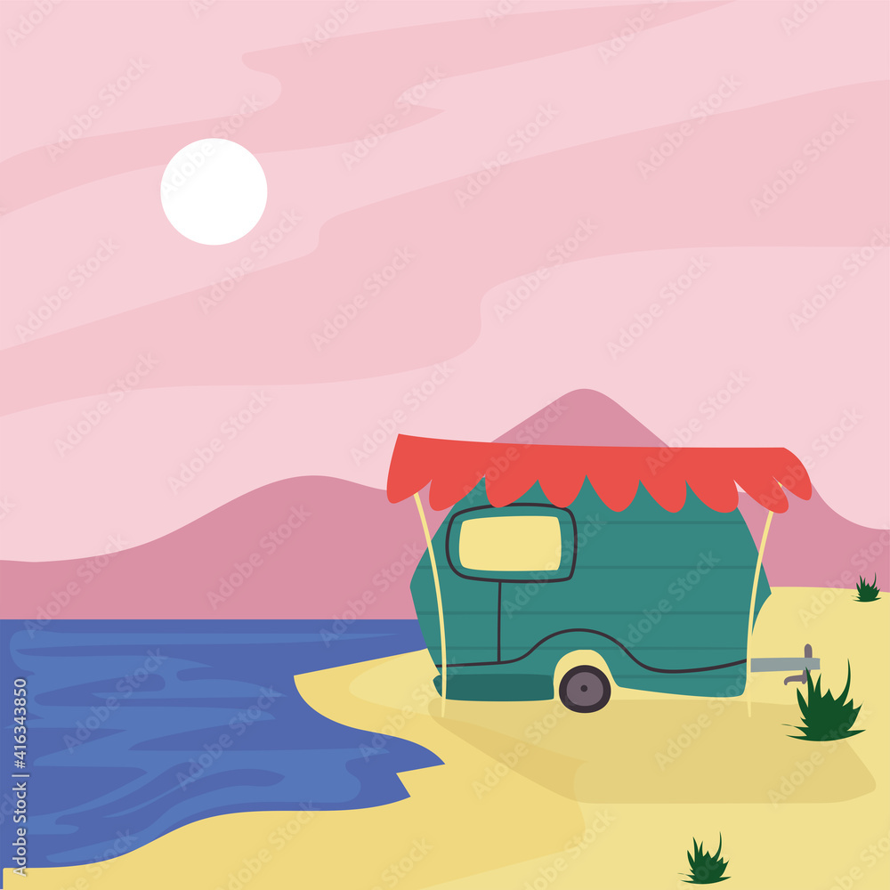 green camper trailer at beach vector design