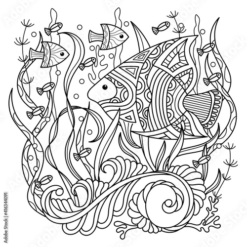 Coloring book for adult , Under water. Marine vector motif . Fish and underwater plants, Monochrome. Aquariums.