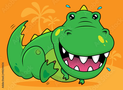 Cute dinosaur children cartoon. Funny happy tyrannosaurus kids illustration