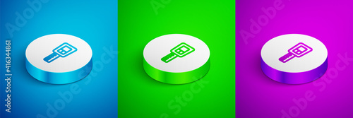 Isometric line Car key with remote icon isolated on blue,green and purple background. Car key and alarm system. White circle button. Vector.