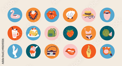 Vector set street food icons for social media stories or avatar template. Junk food or fast food badges.