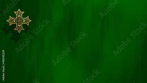 Liturgic green velvet with golden Christian Coptic Orthodox Cross. 3D illustration background for worship live stream church sermon. Concept for Palm Sunday, Pentecost, Holy Spirit Day, and Feasts. photo