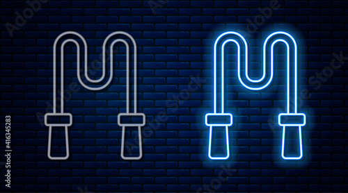 Glowing neon line Jump rope icon isolated on brick wall background. Skipping rope. Sport equipment. Vector.