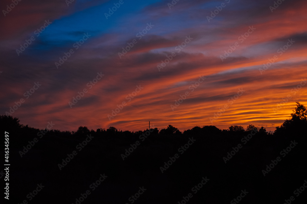 Obraz premium Sunset over silhouetted trees.