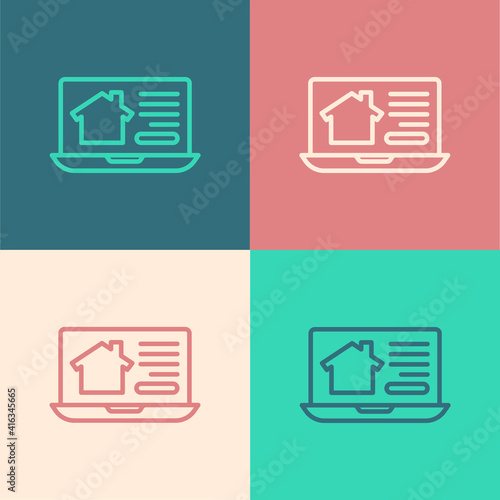 Pop art line Online real estate house on laptop icon isolated on color background. Home loan concept, rent, buy, buying a property. Vector.