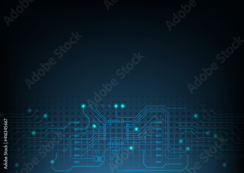 Digital Technology World - Illustration of a Printed Circuit Board on a Shaded Blue Background, Vector