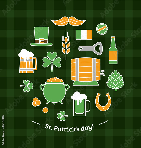 St. Patrick's Day banner design with vector icons of traditional irish holiday elements on green background