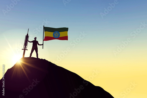 Ethiopia vaccine. Silhouette of person with flag and syringe. 3D Rendering