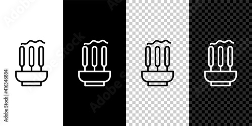 Set line Burning aromatic incense sticks icon isolated on black and white,transparent background. Vector.