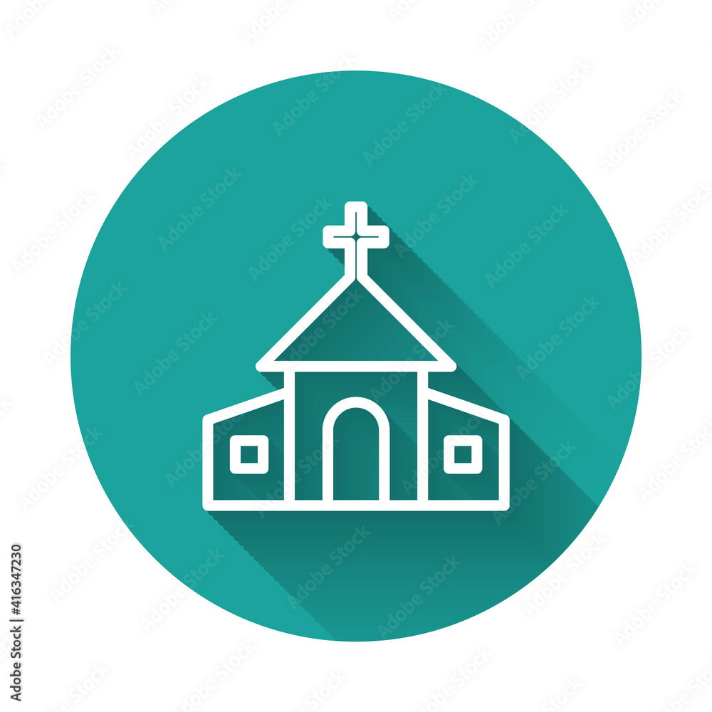 White line Church building icon isolated with long shadow background. Christian Church. Religion of church. Green circle button. Vector.