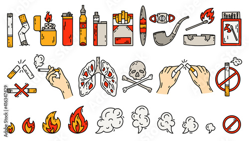 Smoking vector icons set in doodle style, hand drawing. The concept of bad habits with tobacco, lighters and Cigarettes