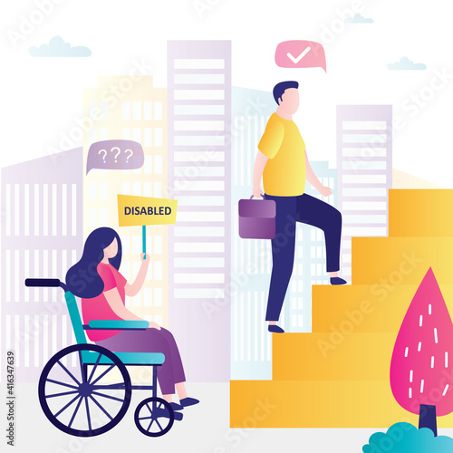 Woman with disability disappointed at inaccessibility. Disabled girl cannot climb due to lack of ramp
