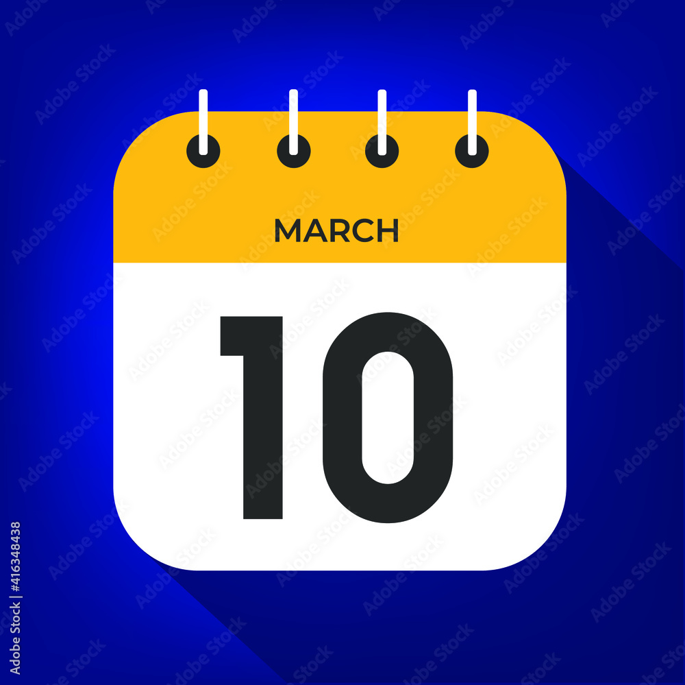 March day 10. Number ten on a white paper with yellow color border on a blue background vector. March day 10. Number ten on a white paper with yellow color border on a blue background vector.