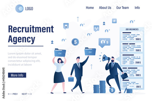 Recruitment agency, landing page template. Businessman select staff. HR agency with vacancies list, two job seekers with cv.
