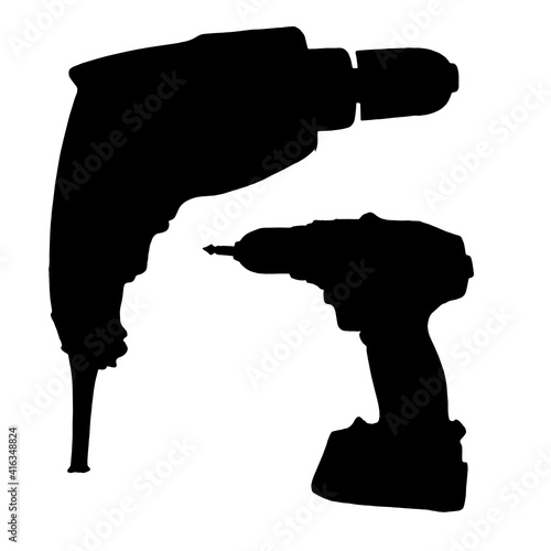 vector set silhouettes of drills with the cord and the battery. Silhouettes in black tools drills with wire and portable insulated elements for a design template on a white background