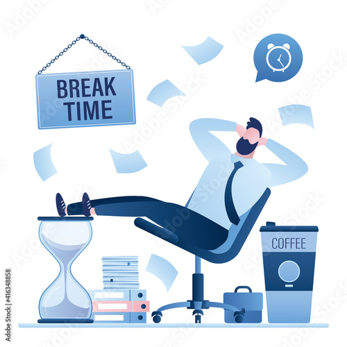 Board with text - break time. Office paperwork, businessman at workplace. Huge heap of paper documents, folders. Male employee relax after hard work.