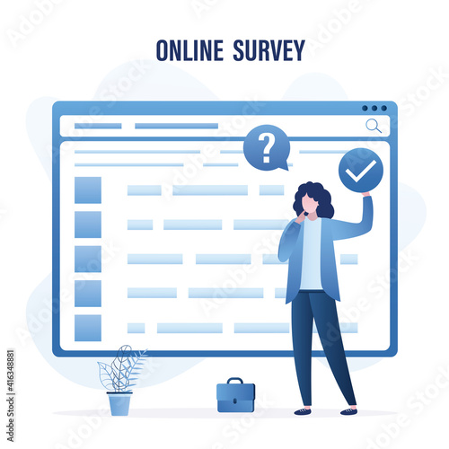 Online survey. Woman thinks over the answers in questionnaire. Web page with internet survey. Female character holds checkmark sign.