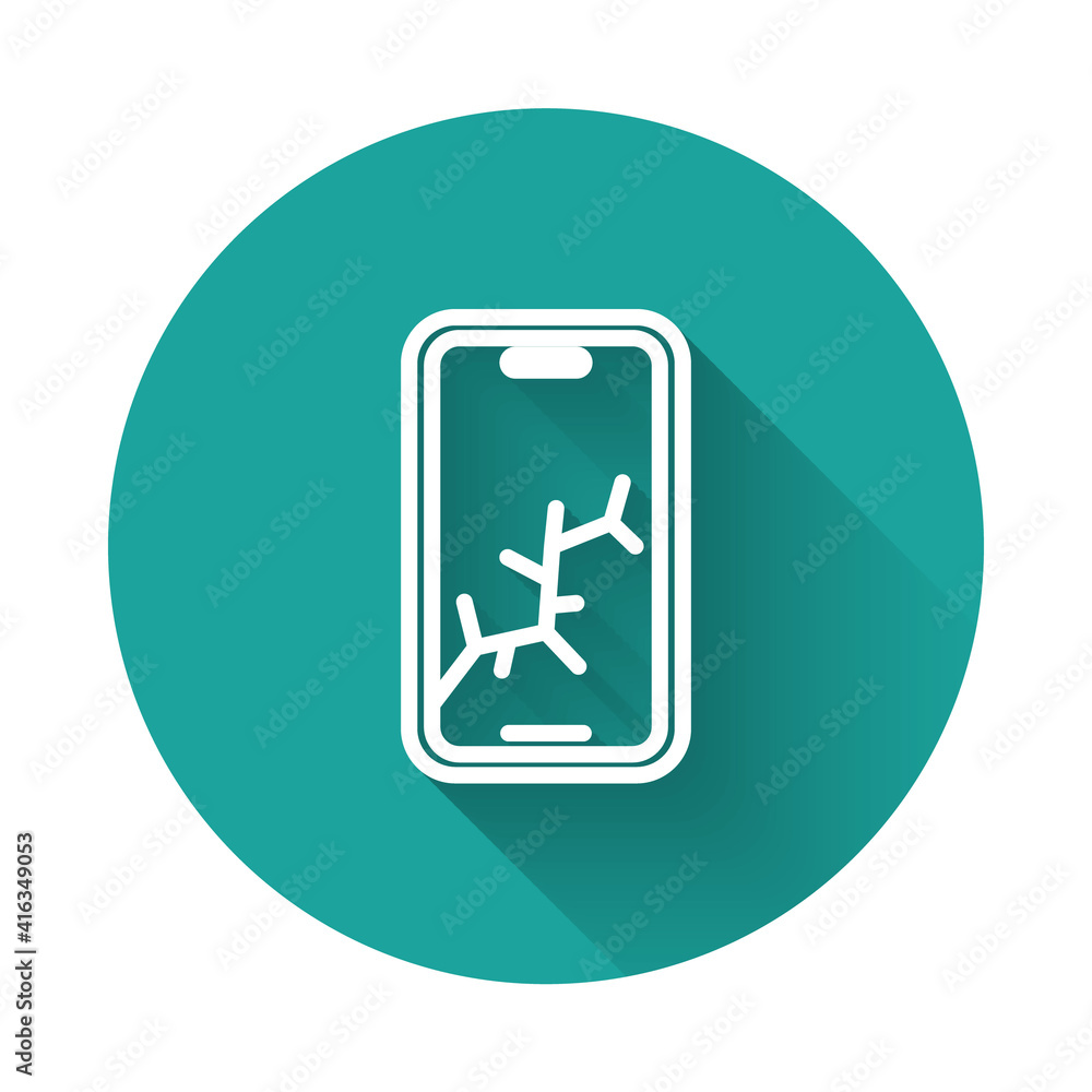 White line Smartphone with broken screen icon isolated with long shadow background. Shattered phone screen icon. Green circle button. Vector. White line Smartphone with broken screen icon isolated with long shadow background. Shattered phone screen icon. Green circle button. Vector.