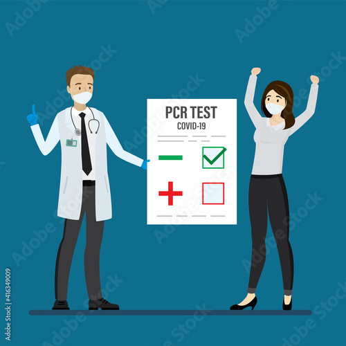 People in protective masks. Caucasian doctor holds negative pcr test, happy woman client near. Population testing for coronavirus disease.