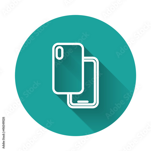 White line Smartphone, mobile phone icon isolated with long shadow background. Green circle button. Vector.