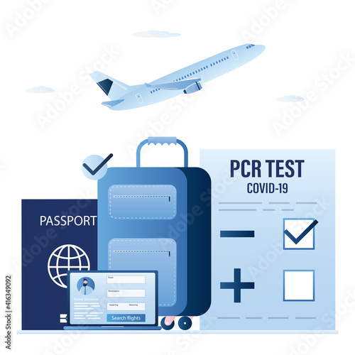 Negative PCR test for coronavirus, luggage and passport. Airplane take off. Laptop with travel app. Trip planning. New travel rules.