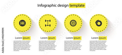 Set Gear shifter, Chassis car, Car wheel and brake disk with caliper. Business infographic template. Vector.