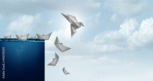 Creative solutions and business innovation solution concept of innovative idea as a paper boat transformed into a bird lifted away from risk photo