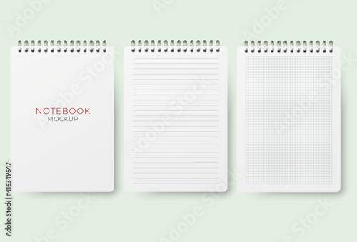 Realistic vector opened notebook mockups set. Vertical blank copybook. Spiral notepad blank mockup A4.
