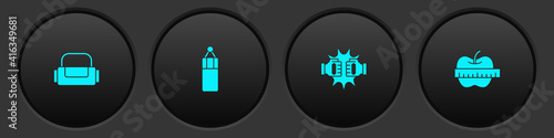 Set Sport bag, Punching, boxing gloves and Apple and measuring tape icon. Vector.