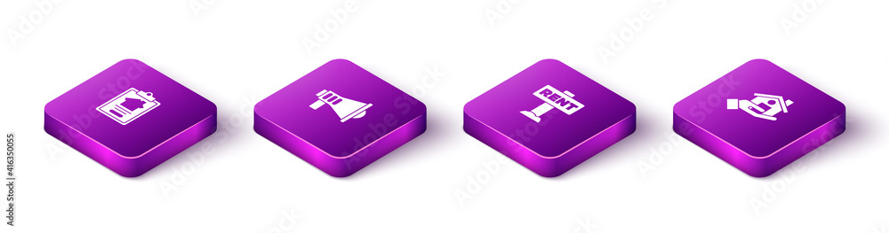 Set Isometric House contract, Megaphone, Hanging sign with Rent and Realtor icon. Vector. Set Isometric House contract, Megaphone, Hanging sign with Rent and Realtor icon. Vector.