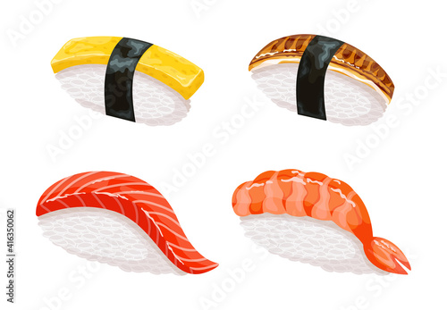 Colorful realistic japanese food icons set with different sushi and rolls. Japan food - vector illustrations set - nigiri