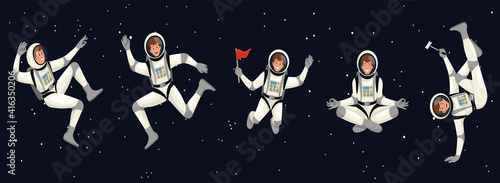 Set collection astronauts. Futuristic cosmonaut in spacesuit walking and flying.