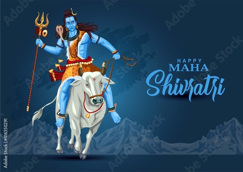 happy maha Shivratri mahadev ride with Nandhi , a Hindu festival celebrated of lord shiva night, english calligraphy. vector illustration design