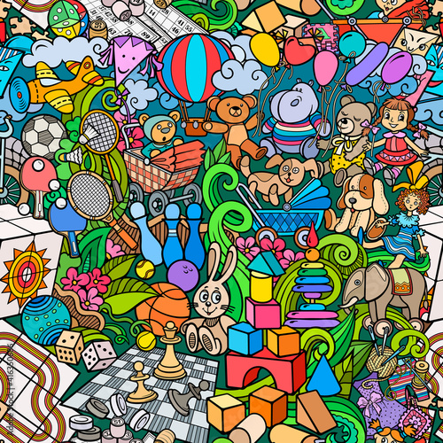 Cartoon cute doodles kids toys seamless pattern.