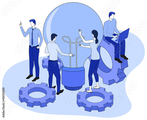 Teamwork and brainstorming.Business concept people next to the electric lamp.Team,collaboration, and leadership skills.3D image.Isometric vector illustration.