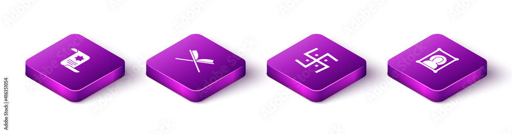 Set Isometric Torah scroll, Holy book of Koran, Hindu swastika and Christian icon icon. Vector. Set Isometric Torah scroll, Holy book of Koran, Hindu swastika and Christian icon icon. Vector.