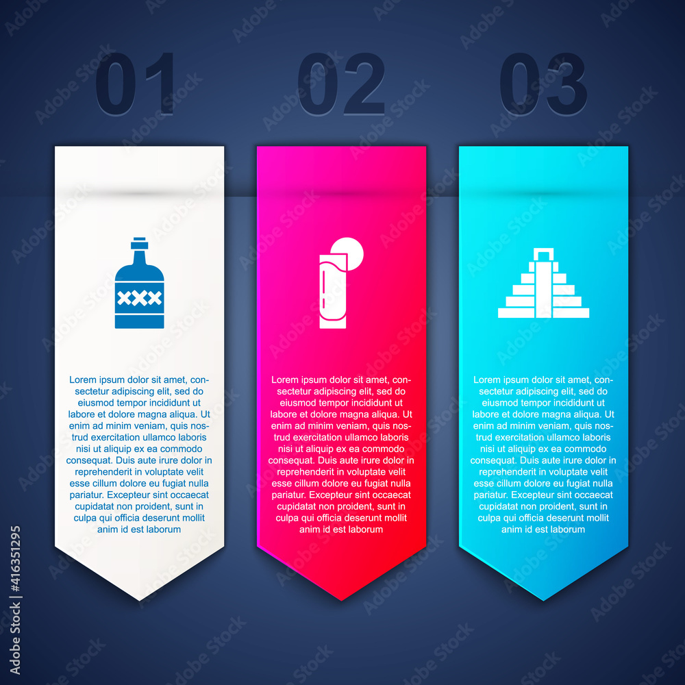 Set Tequila bottle, glass with lemon and Chichen Itza in Mayan. Business infographic template. Vector. Set Tequila bottle, glass with lemon and Chichen Itza in Mayan. Business infographic template. Vector.