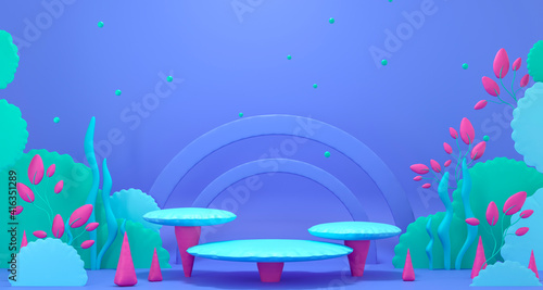 Coral reef, bubbles and podiums - marine card. Underwater ocean, sea plasticine background. Cute illustration in bright colors. Minimal 3d art style. Empty space for advertising baby products 