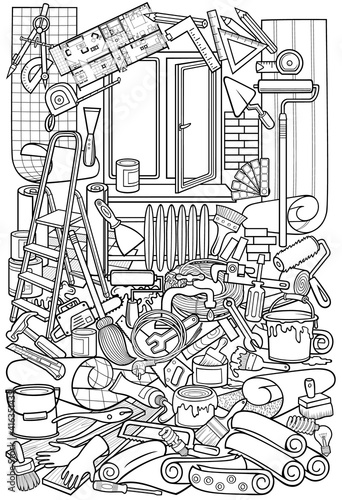 Cartoon doodle hand drawn home repair illustration