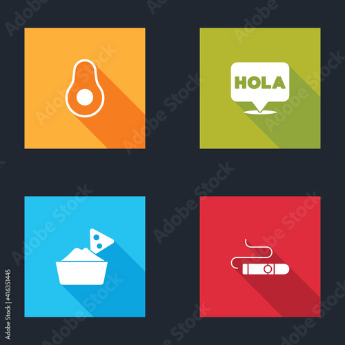 Set Avocado fruit, Hola, Nachos in bowl and Cigar icon. Vector.