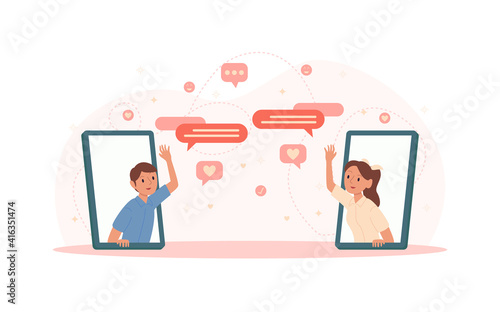 flat icon design of couple man and woman dating online in smartphone