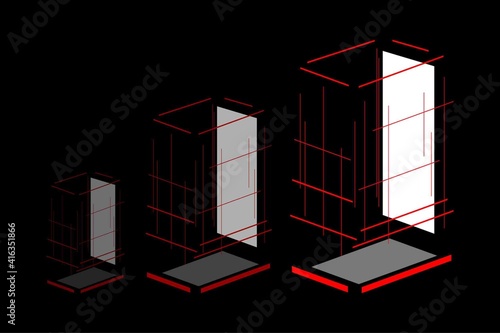 Abstract Red, Black and White Striped Pattern with Lines. Geometric Shape. Cubic Construction Isolated on Black Background. Raster. 3D Illustration