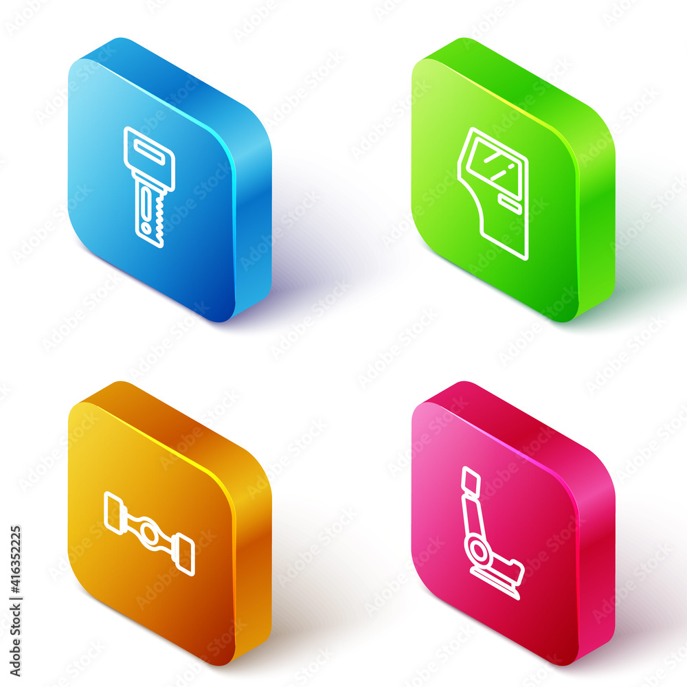 Set Isometric line Car key with remote, door, Chassis car and seat icon. Vector. Set Isometric line Car key with remote, door, Chassis car and seat icon. Vector.