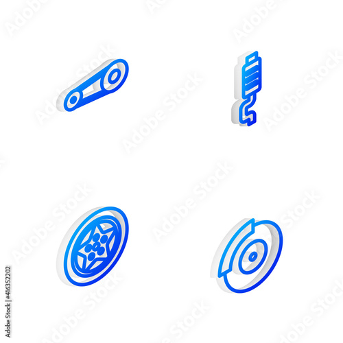 Set Isometric line Car muffler, Timing belt kit, wheel and brake disk with caliper icon. Vector.