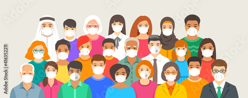 Group of people wearing medical masks. Diversity of old and young men and women, kids of different races standing together. Coronavirus spread protection. Flu prevention. Flat vector illustration