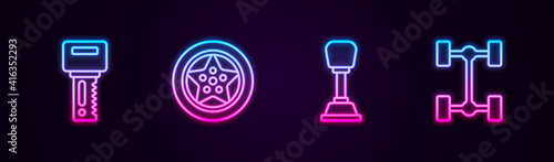 Set line Car key with remote, wheel, Gear shifter and Chassis car. Glowing neon icon. Vector.