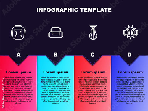 Set line Boxing helmet, Sport bag, Punching and boxing gloves. Business infographic template. Vector.