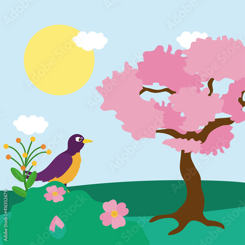 Spring pink tree and bird vector design