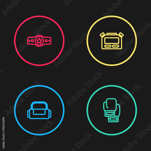 Set line Sport bag, Boxing glove, Stopwatch and belt icon. Vector.